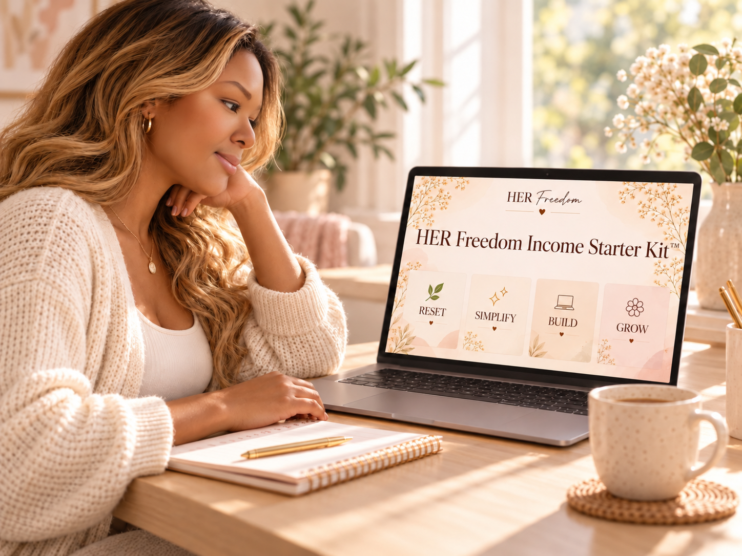 A woman viewing the HER Freedom Income Starter Kit on a laptop, with RESET, SIMPLIFY, BUILD and GROW on screen