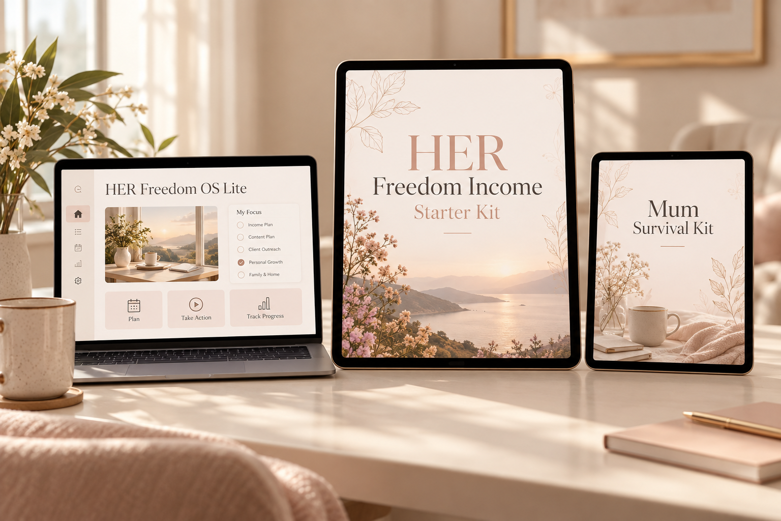 Illustrative digital previews of the HER Freedom Income Starter Kit, HER Freedom OS Lite and Mum Survival Kit on screens